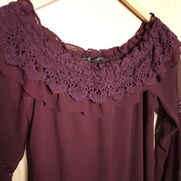 White House Black Market Maroon Off The Shoulder Crochet Silky Top Medium - Picture 3 of 7